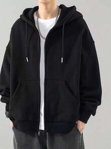 Open-Front Zip-Up Hooded Sweatshirt, Plain Winter Jacket With Front Pocket, Ideal For Cold Days. - màu đen - Xem 1