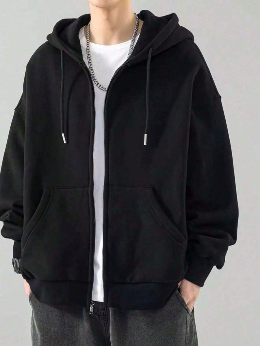 Open-Front Zip-Up Hooded Sweatshirt, Plain Winter Jacket With Front Pocket, Ideal For Cold Days. - màu đen - Xem 1