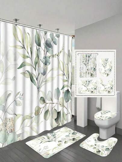 1/4pcs Eucalyptus Leaf Shower Curtain Set, Watercolor Sage Green Spring Plant Bathroom Curtain, Waterproof Polyester Shower Curtain, Non-Slip Bath Mat, U-Shaped Toilet Rug, 12 Hooks - Modern Style Home Decor, Bathroom Accessories, Easy Clean, Housewarming Gift - Suitable For All Seasons