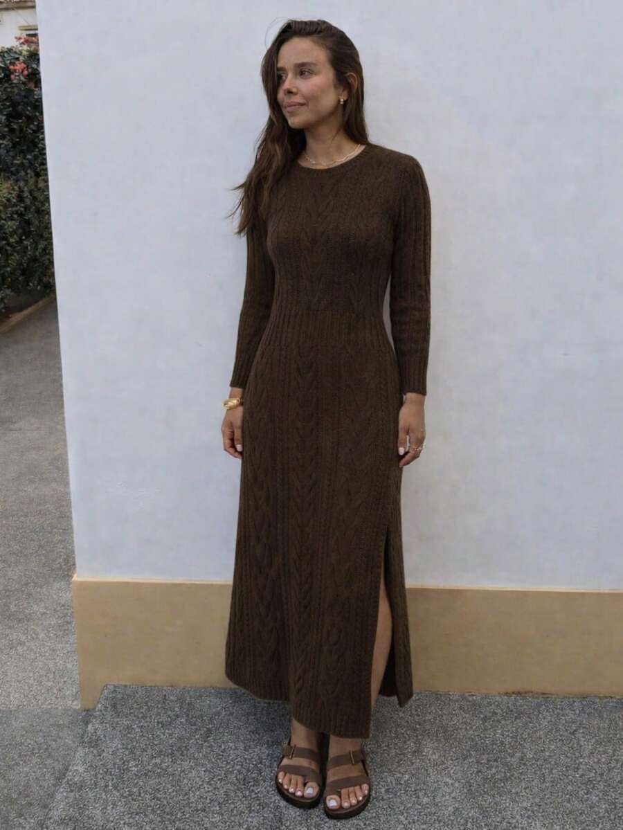 Women's Long Mousse Dress, Long Sleeves, Knit Fabric, Comfortable, Loose Fit, Winter Style, Side Slit - Cà phê - Xem 1