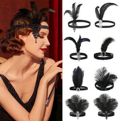 1PC Popular 1920s European And American Ball Party Women's Feather Headband Collection|Black Feather With Rhinestone Design, Perfect For Ball Scenes, Instantly Unlock The Glamorous Style Of A Century Ago