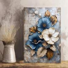 Blue White Flowers Gold Leaves Vintage Rustic Canvas Wall Art - Unframed Poster- Home & Office Decor For Living Room, Bedroom, Kitchen & Cafe - A - View 11