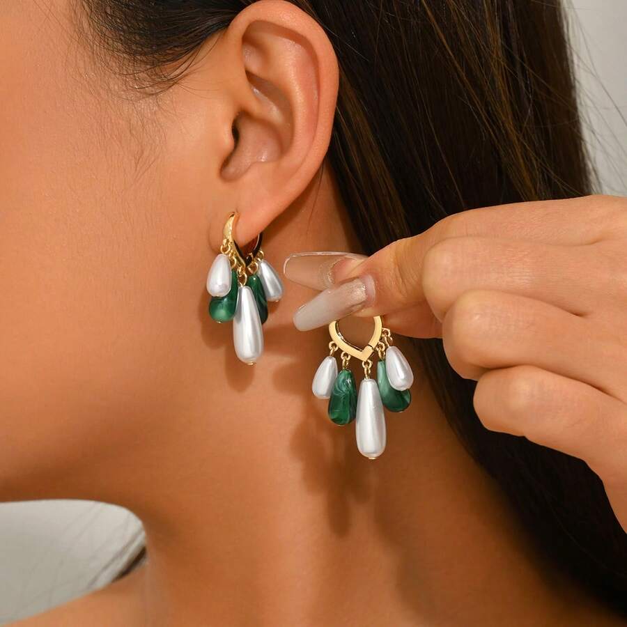 Asymmetrical Acrylic Hoop Earrings, Bohemian Style Green & White Contrast Pearl Pendant Teardrop Earrings
