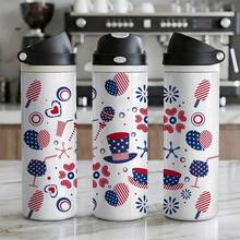 24oz Stainless Steel Tumbler With Dual-Drink Openings/Thermal Cup, Sports Water Bottle, Patriotic Top Hat And Star Pattern Party Decoration Items For Adult Celebrations On Independence Day And Memorial Day Fourth Of July Festive Events. - 1PC - 查看 11