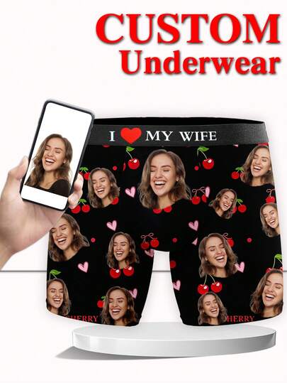1 Pieza de Calzoncillos Tipo Bóxer Personalizados para Hombres, Ropa Interior Personalizada con Impresión de Foto, Diseño de Cerezas Rojas y Corazones Rosas, Calzoncillos Tipo Bóxer Personalizados Exclusivos para Esposo, Calzoncillos Tipo Bóxer Personalizados con Expresión Divertida, Dulce, Divertido, Cómodo, Único, Regalo Ideal para el Día de San Valentín, Aniversario, Cumpleaños, Boda para Novio, Esposo, Él, Perfecto para Hombres Deportistas