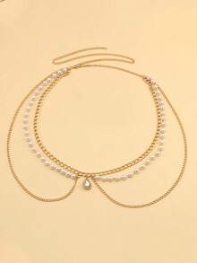 1 chiếc dây đeo eo kim loại nhiều lớp tối giản thời trang dành cho nữ, phụ kiện trang sức, dễ dàng phối hợp với váy, trang sức cơ thể dạng chuỗi ngọc trai. - Vàng - Xem 4