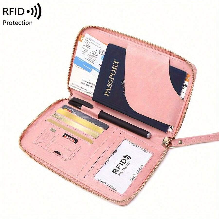 Travel Must-Have Multifunctional Credit Card Wallet, Solid Color RFID Anti-Theft+Passport And Ticket Storage Zipper Seal+Wristband Portable Cross-Border ID Bag - 粉色 - 查看 1