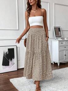 Women's Long Ditsy Floral Skirt, Casual Elastic Waist With Pockets, Ruffle Hem, A-Line Skirt For Summer Vacation - 卡其色 - 查看 6