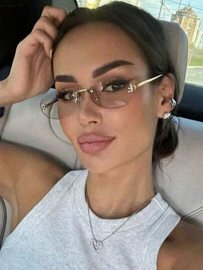 1 pieza Gafas de moda ovaladas sin marco estilo retro personalizado, gafas de mujer versátiles de estilo Y2K con montura pequeña, adecuadas para viajes, vacaciones, uso diario, accesorios de playa