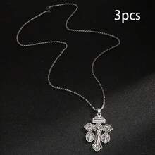 3pcs Cross Pendant Necklace, Suitable For Men And Women Daily Wear - Zinc Alloy - Antique Silver - View 3