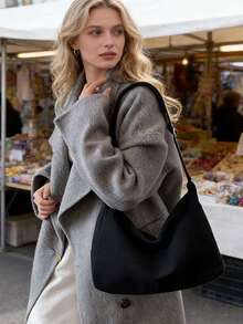 1pc Velvet Handbag, Soft Shoulder Bag, Minimalist Large Capacity Crossbody Tote Bag, Suitable For Daily Commute And Travel, Christmas/Valentine's Day Gift - Black - View 4