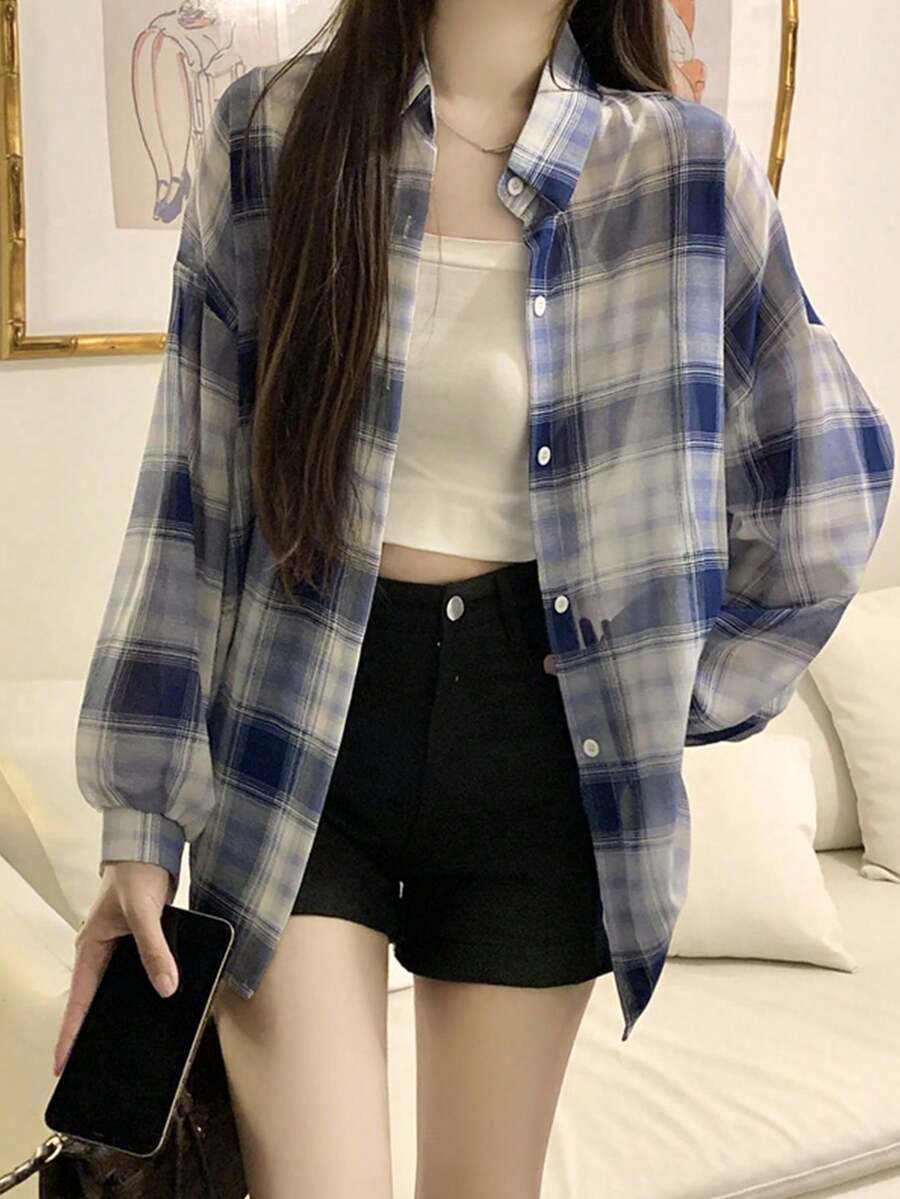 女士格子衬衫，夏季新款休闲宽松上衣