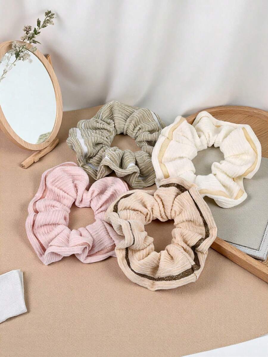 4-Piece Ribbed Fabric Scrunchie Set - Soft Muted Colors With Contrast Trim, Minimalist Hair Ties For Everyday Wear Scrunchy Hair Ties Ponytail Holders - Multicolor - View 1