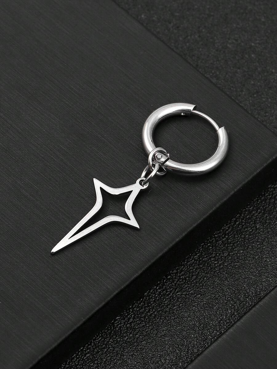 1件装不锈钢镂空十字星吊坠，男士个性化耳环 - 銀色 - 查看 1