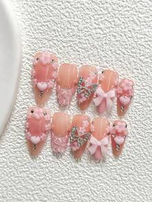 10件套温柔春夏树脂美甲套装，包括粉色3D爱心、山茶花装饰、银色镂空蝴蝶、手工五瓣浅粉色花朵、粉色蝴蝶结、浪漫婚礼主题美甲配件，附赠美甲工具（1个果冻贴纸+1个指甲锉），3种尺寸适合杏仁形和鸭嘴形指甲，适合日常、派对、拍照、办公室等场合。 - 彩色 - 查看 17