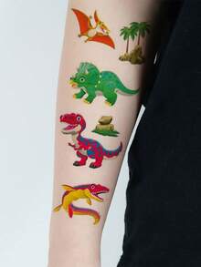 恐龙临时纹身贴纸，10张，包含120个卡通恐龙元素系列图案，霸王龙、剑龙、三角龙、恐龙蛋图案临时纹身贴纸，生日派对礼物趣味艺术假纹身贴纸 - 彩色 - 查看 7