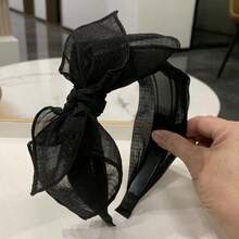 Elegant Korean Style Bowknot Hair Band With Teeth Anti-Skid & Simple Wide Headband With Lace Mesh For Women, All Match Hair Clip Valentine's Day Valentines,Hairband,Hair Hoop Headbands, Black Hair Accessories - 黑色 - 查看 1