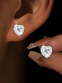 1 Pair S925 Sterling Silver Hypoallergenic Sparkling Heart Cubic Zirconia Stud Earrings, Elegant Petite Versatile Earrings, Suitable For Daily Wear, Vacation, Valentine's Day, Birthday Gift For Women - Silver - View 2