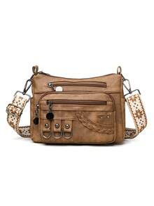 波西米亚铆钉装饰大容量PU单肩包，适合工作、日常使用、通勤、旅行和购物 - 棕色 - 查看 5