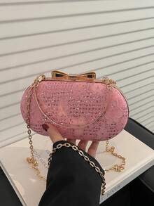 2026新款蝴蝶结锁扣手拿包，优雅链条单肩包，独特质感派对手提包 - 粉色 - 查看 9