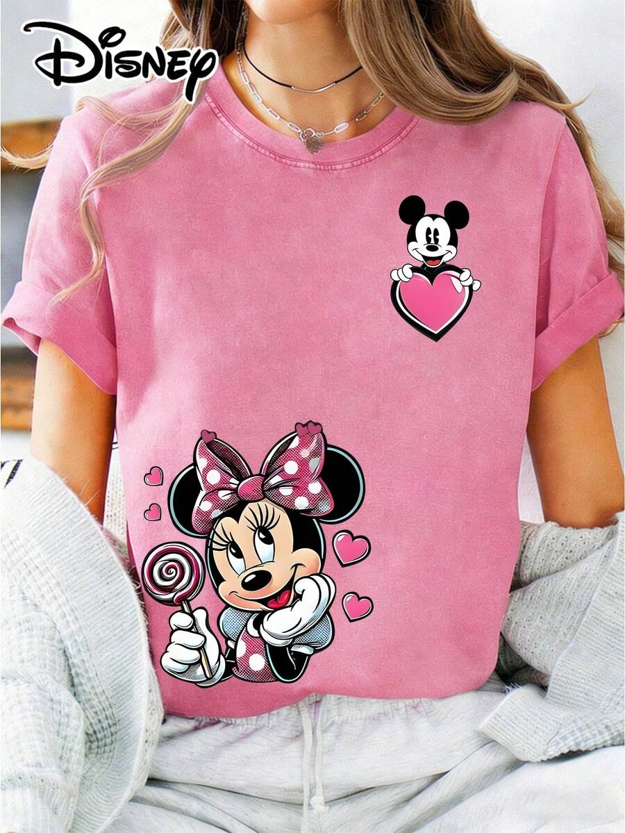 Disney Cute Minnie Mouse Heart Lollipop Pattern T-Shirt For Women, American Vintage Washed Pink Short-Sleeved Casual Cartoon Top - Pink - View 1