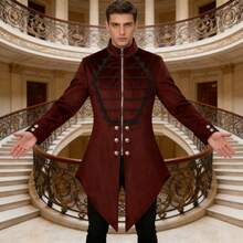 COS Men's Retro Medieval Stand Collar Coat, Dark Patterned Gothic Style Top, Show Costume For Carnival And Halloween. - Red - View 2