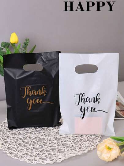 50/100pcs Reusable Plastic Bags With Graphic Design, Handles Printed With "Thank You", Suitable For Grocery Stores, Malls, Shopping