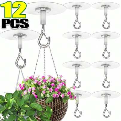 12Pcs Self-Adhesive Ceiling Hooks Windproof Planter Hanging Hooks Flower Pot Hanging Bracket Heavy Duty Wall Mounted Hanging Basket Hooks Stainless Steel No-Drill Adhesive Hooks For Hanging Lights Plants Wind Chimes Home Kitchen Living Room Bedroom Decoration
