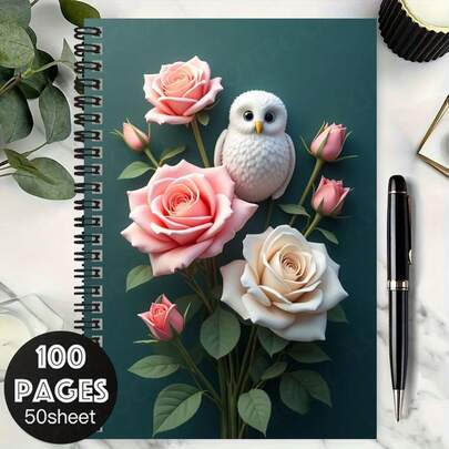 100-seitiges Spiralheft mit traumhaften Blumen- und süßen Eulenmustern, das verschiedenste Schreibbedürfnisse erfüllt. Exquisites Aussehen und hohe Qualität. Geeignet für Arbeitsaufzeichnungen, Studiennotizen, Tagespläne und eine ideale Geschenkwahl für Abschluss, Geburtstag und andere Anlässe.