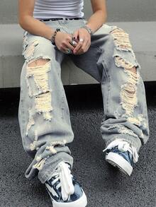 Mens Ripped Baggy Jeans Loose Fit Distressed Denim Pants Light Wash Y2K Streetwear Wide Leg Style - Champagne - View 1