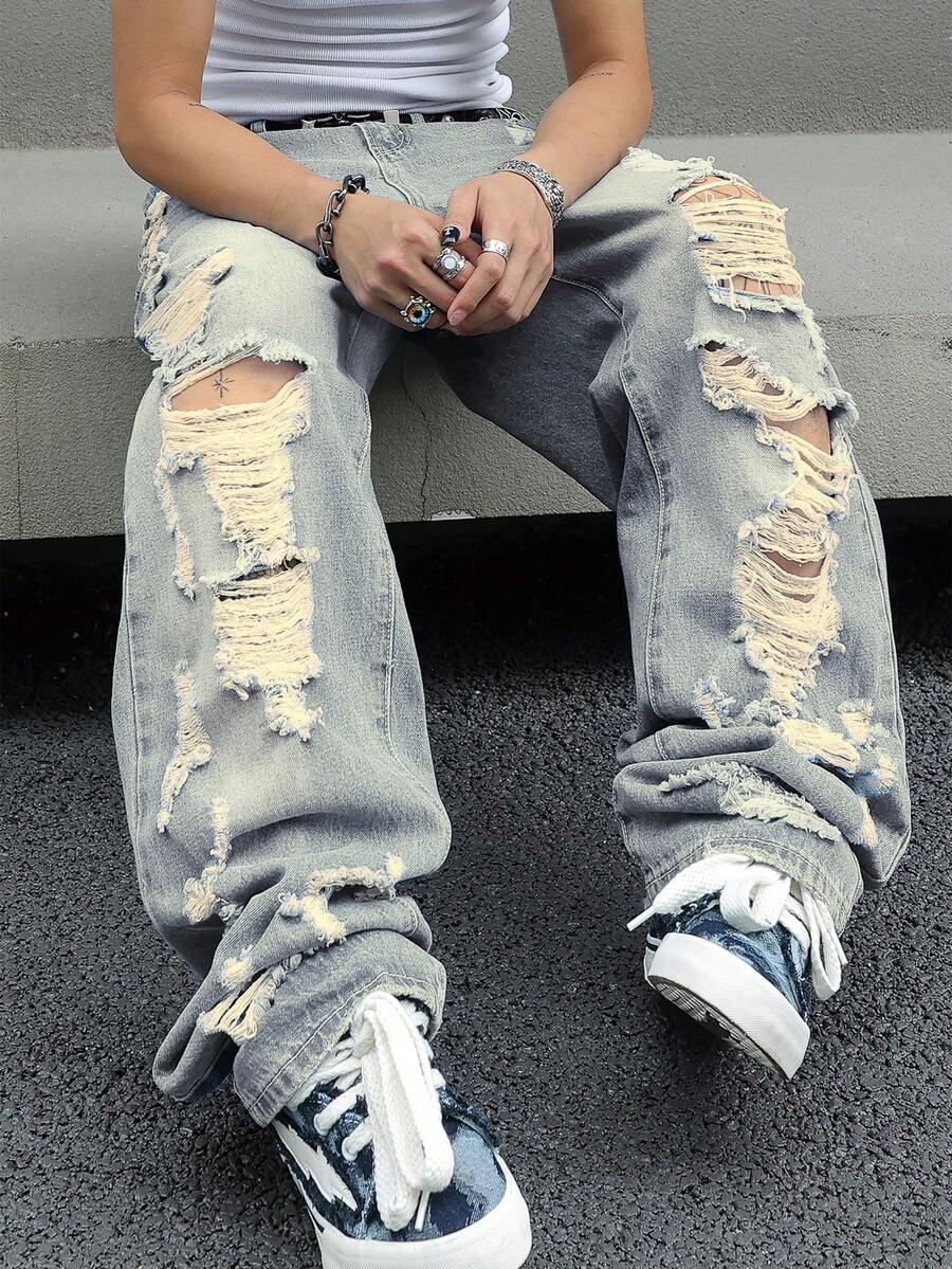 Mens Ripped Baggy Jeans Loose Fit Distressed Denim Pants Light Wash Y2K Streetwear Wide Leg Style - Champagne - View 1