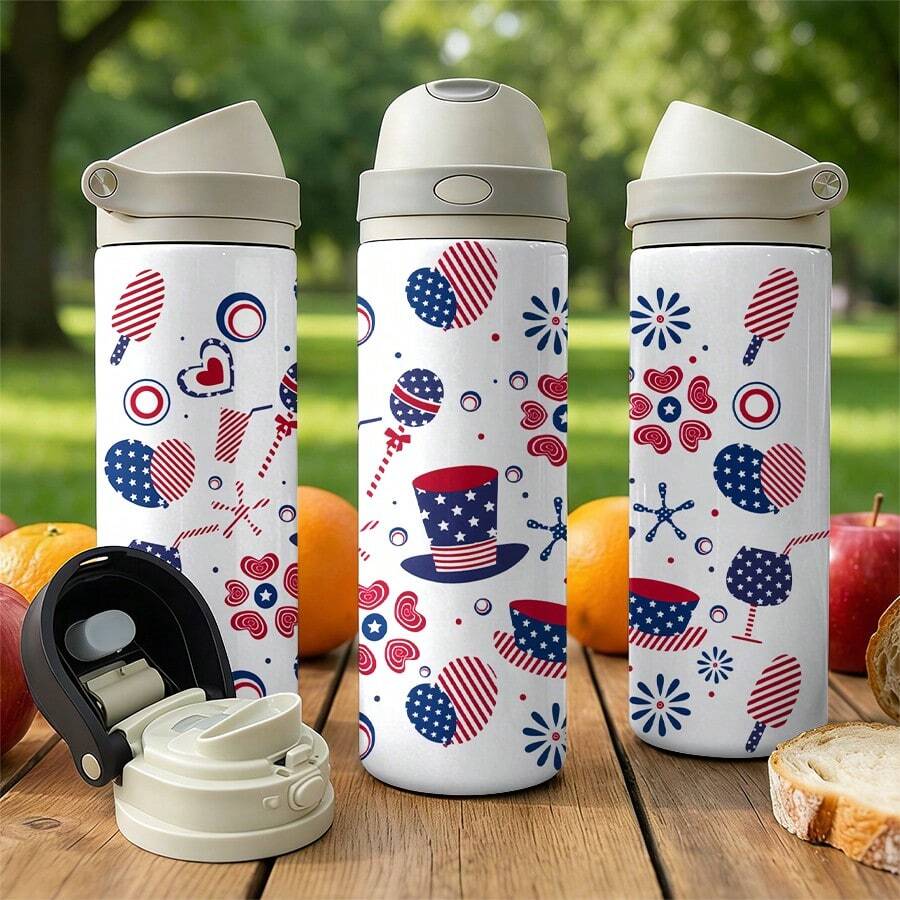 24oz Stainless Steel Tumbler With Dual-Drink Openings/Thermal Cup, Sports Water Bottle, Patriotic Top Hat And Star Pattern Party Decoration Items For Adult Celebrations On Independence Day And Memorial Day Fourth Of July Festive Events. - 1PC - 查看 1