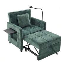 Two-In-One Sleeper Chair, Single Sleeper Sofa, Chenille Armchair (With Cushions And Side Pockets), With A Small Table On One Side And A Storage Bag On The Other, Complete - Green - View 10