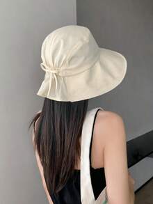1顶女士波西米亚风优雅蝴蝶结遮阳帽，透气渔夫帽，格子缎带，宽檐防晒帽，春夏户外旅行渔夫帽 - 漁夫帽 - 查看 1