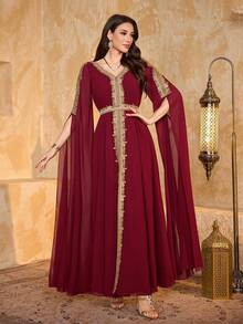 Vestido de noche SUPGIR para mujer con escote en V, adornado a mano con pedrería, patchwork flotante, puños ajustados y fruncido de gasa - Burdeos - Ver 4