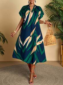 AIJ 性感优雅女士热带植物印花连衣裙，随机花卉图案，度假夏季款 - 綠色 - 查看 3
