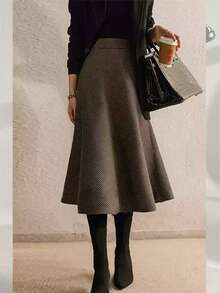 2026 Nueva Falda A-Line de Mezcla de Lana Elegante de Pata de Gallo para Mujer Primavera - Café integral - Ver 2