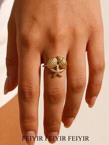 Women's Stainless Steel Starfish & Shell Combination Adjustable 18K Gold Plated Waterproof Elegant Ring, Suitable For Summer Beach, Wedding, Travel, Best Friend Birthday Gift - Multicolor - View 2