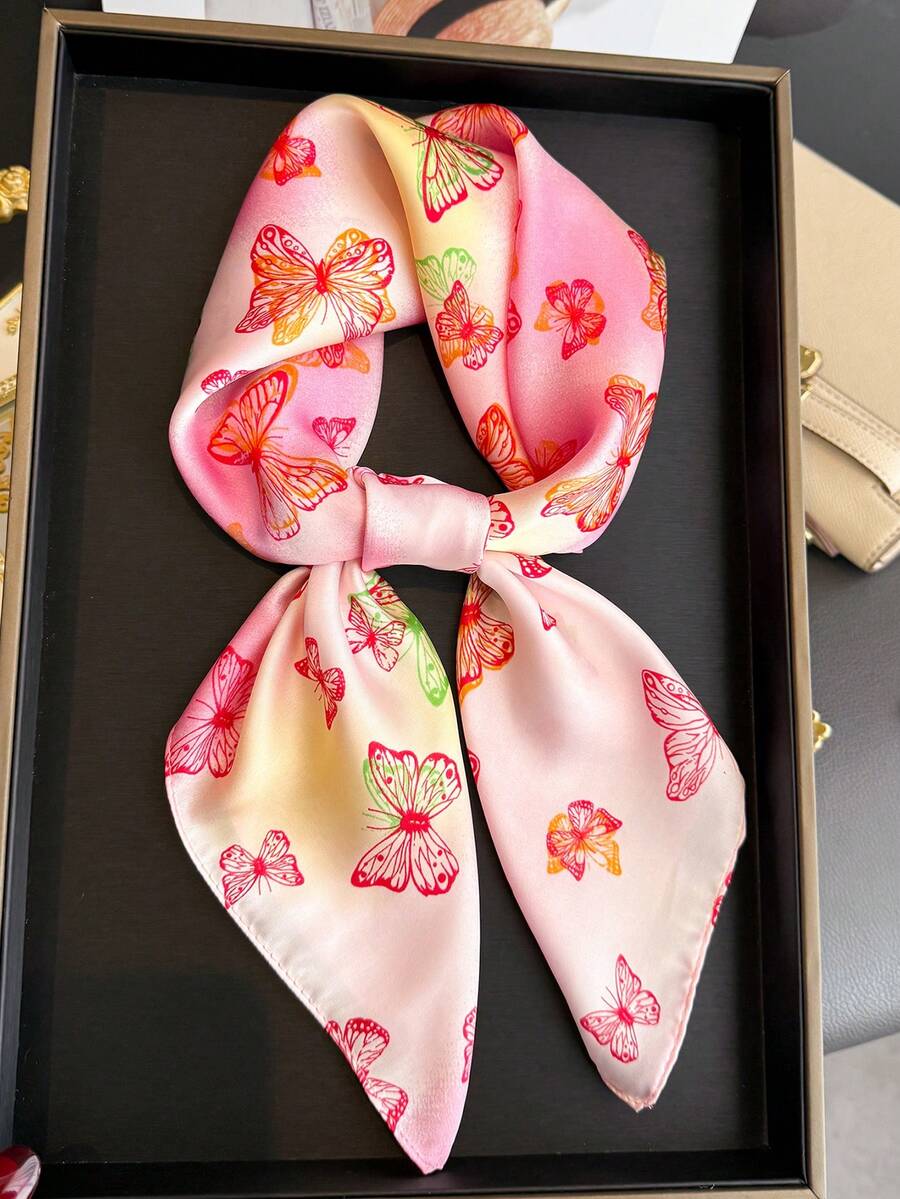 1 件奢华蝴蝶印花仿丝绸缎面方巾头巾，多功能女士发带披肩，适合旅游、度假、休闲、休闲、头巾、日常通勤小领子。 - FG325-3 粉紅色 - 查看 1