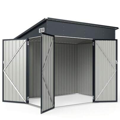  COSTWAY 2.35 X 1.74 M Triple Door Storage Shed, Lockable Outdoor Garden Shed With Sloped Roof, Galvanized Steel Tool & Bike Storage For Backyard, Patio, Grey