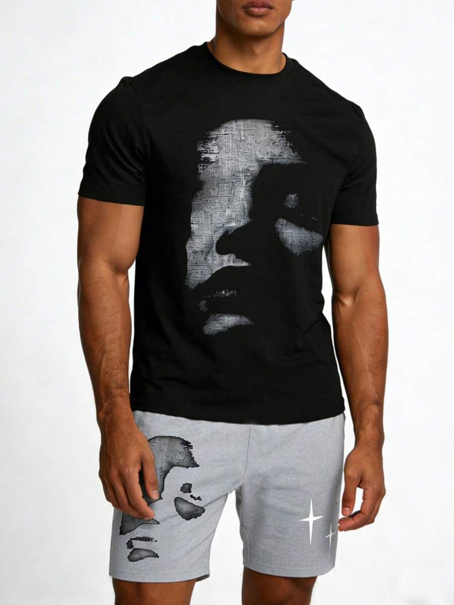 Men's Sleepwear Set, Abstract Print Short Sleeve Shorts, Dark Deconstructed Artistic Style, Summer Home Outfit - Multicolor - View 1