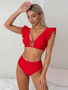 Conjunto de bikini de vacaciones de alta gama, elegante y adelgazante, color rojo - Rojo - Ver 8