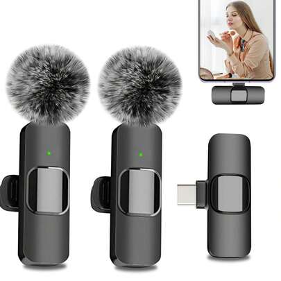 Wireless Lavalier Microphone, Professional Recording Wireless Microphone Compatible With IPhone, IPhone15, Android, 2 Packs Lavalier Microphones For Recording Interviews Videos Podcasts, Compact And Light, Wireless Mic For PC, IOS, Andriod, Record Vlogs, Live Stream-Black (50mAh Rechargeable Battery)