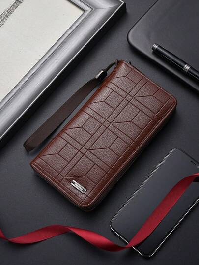 SHABILI محفظة جلد PU سعة كبيرة بسحاب، حقيبة قابضة للأعمال، مناسبة للرجال للتنقل واستخدام يومي