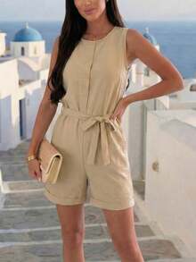 Women's Beige Linen-Feel Sleeveless Romper With Front Tie Belt And Cuffed Hem, Casual Summer Holiday Outfit Elegant - Khaki - View 1