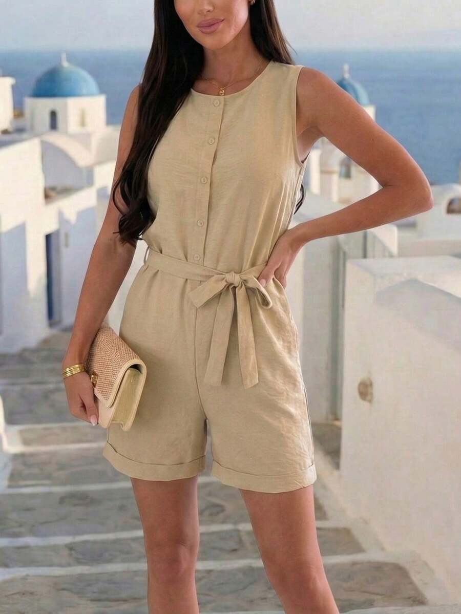 Women's Beige Linen-Feel Sleeveless Romper With Front Tie Belt And Cuffed Hem, Casual Summer Holiday Outfit Elegant - Khaki - View 1