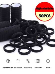 50pcs Black Simple Plain Color Elastic Hair Tie, 50pcs Summer Daily Black Elastic Hair Accessory For Women, Minimalist Ponytail Holder, Hairstyles Ideas, Rubber Band, Hair Accessories Set - 50個黑色 - 查看 7