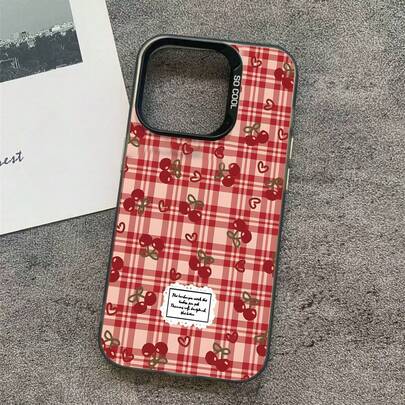 时尚条纹樱桃格纹图案奢华渐变黑银硅胶软边亚克力硬背加厚PC金属按键保护手机壳，兼容/////