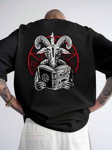 Casual Men's Patterned Shirt With Goat Head And Mysterious Pentagram Print On The Back – Black, Regular Fit Summer Shirt, Machine Washable, Eye-Catching Street-Style Top, Comfortable And Well-Fitting Shirt. AZPD - màu đen - Xem 1