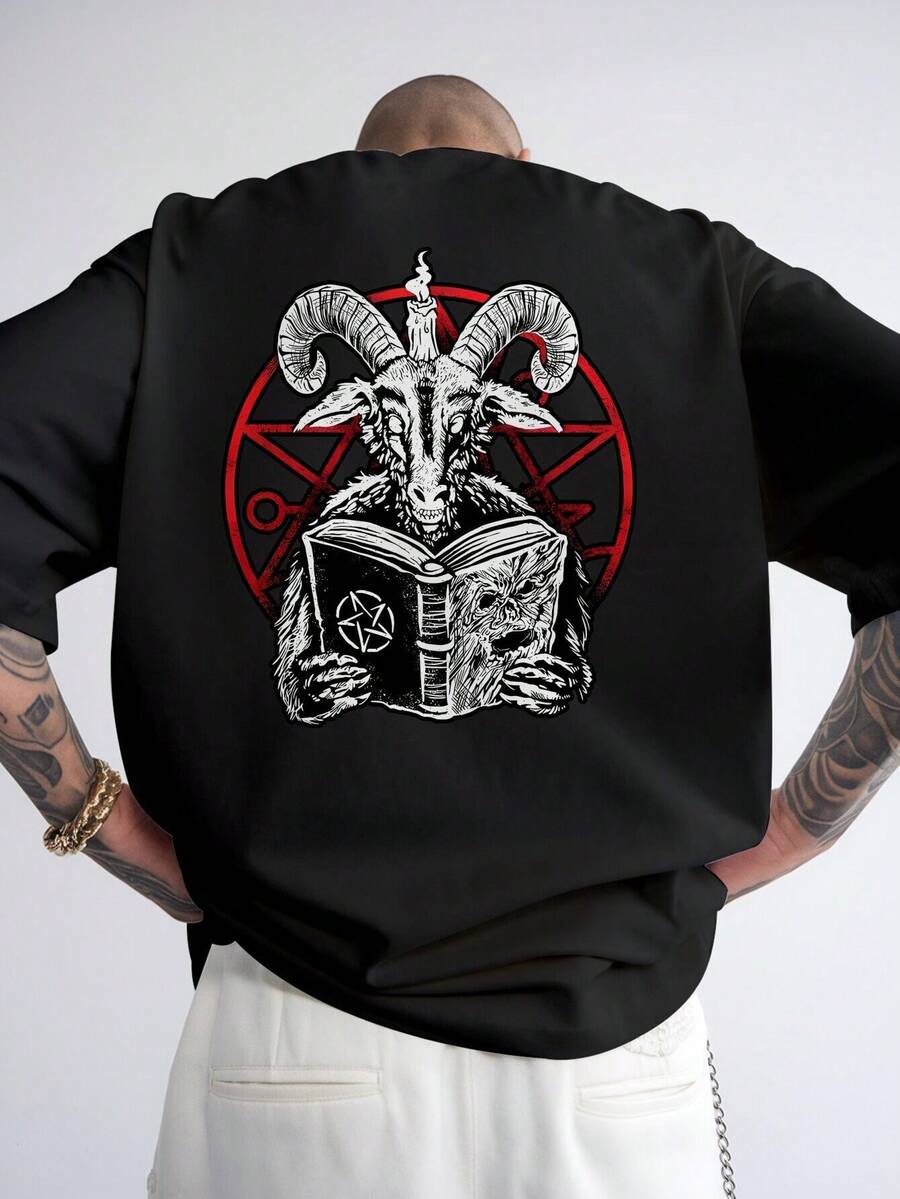 Casual Men's Patterned Shirt With Goat Head And Mysterious Pentagram Print On The Back – Black, Regular Fit Summer Shirt, Machine Washable, Eye-Catching Street-Style Top, Comfortable And Well-Fitting Shirt. AZPD - màu đen - Xem 1
